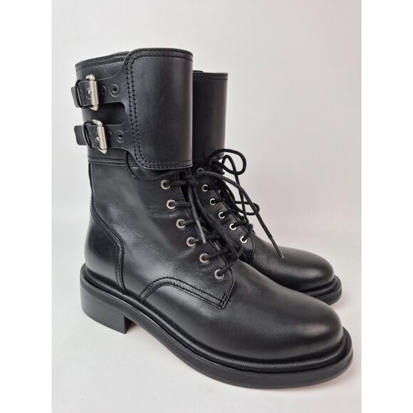 rag & bone Women's Black Rb Moto Flap Lace Up Leather Boots Size 37.5 EU - Picture 1 of 7